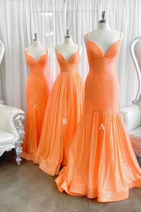 Simple Orange Sequin Long Prom Dress Orange Long Evening Dress