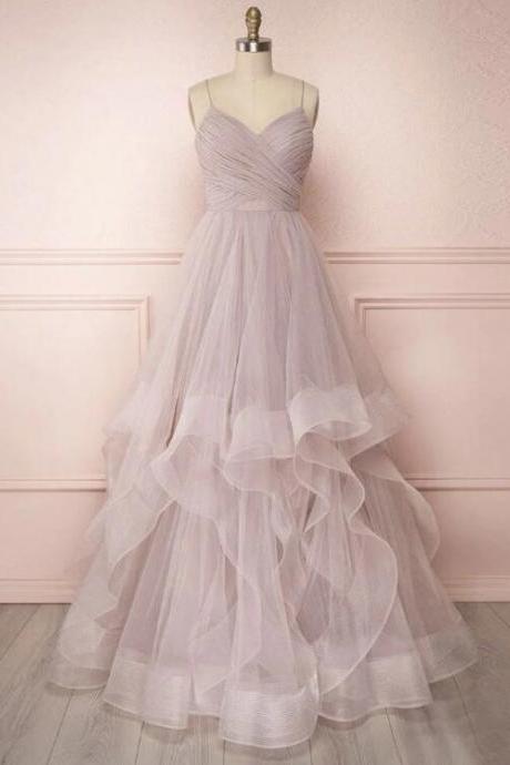 Simple Lotus Root Starch Tulle Long Prom Dress, Tulle Evening Dress