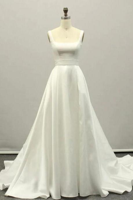 White A Line Satin Long Prom Dress , White Long Bridesmaid Dress