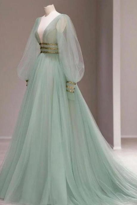 Green V Neck Tulle Sequin Long Prom Dress, Green Evening Dress