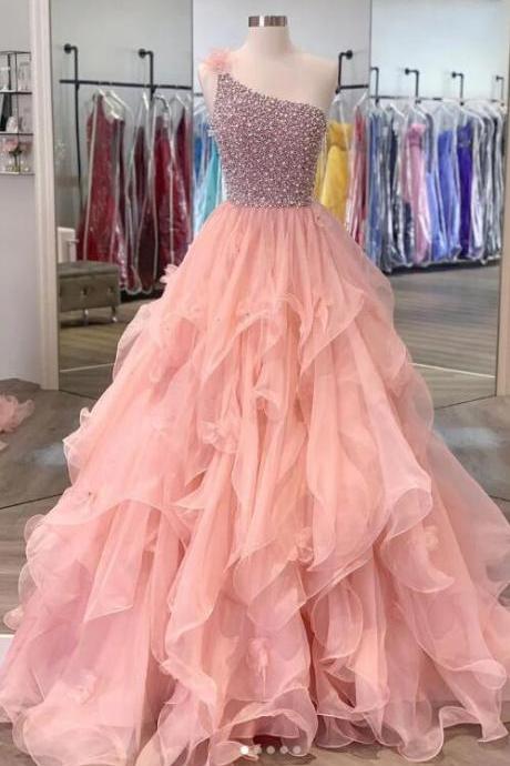 Pink One Shoulder Beads Long Prom Dress Pink Evening Dress