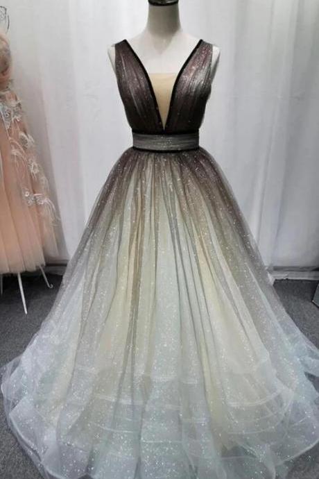 Simple Coffee Tulle Sequin Long Prom Dress Coffee Evening Dress