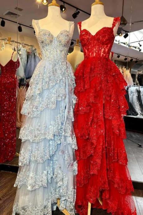 Fairytale Sequin-embroidery Off-the-shoulder Tiered Long Prom Dress With Slit