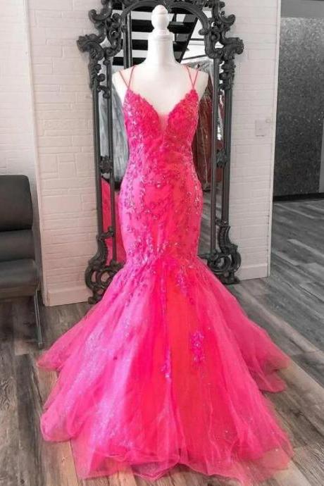 Pink Tulle Lace V-neck Trumpet Long Prom Dress
