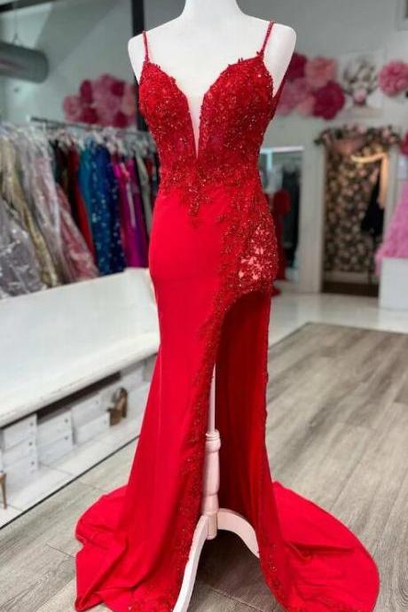 Red Applique Plunge V Mermaid Long Formal Dress With Slit