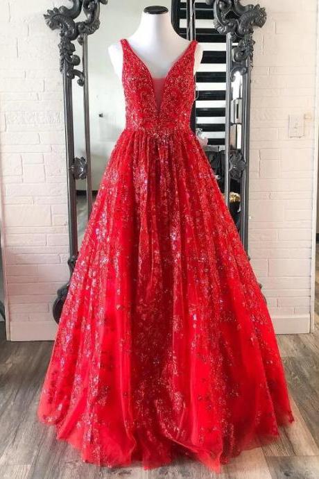 Red Beaded Plunge V Backless A-line Prom Gown