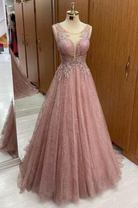 Dusty Pink Floral Lace Sheer Straps A-line Prom Dress