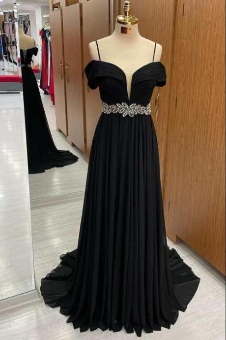 Black Cold-shoulder Belted Waist A-line Prom Dress