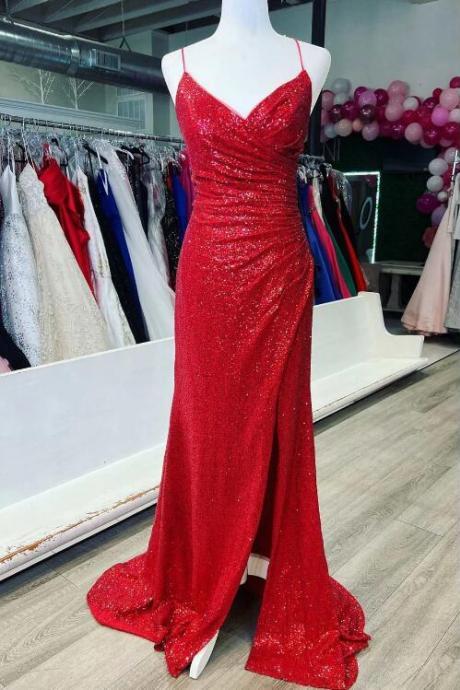 Red Sequin Surplice Neck Lace-up Back Mermaid Long Prom Dress
