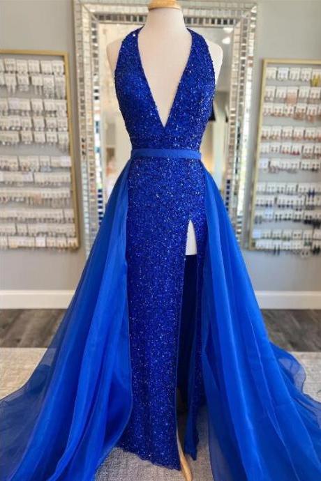 Blue Sequin Halter Long Prom Dress With Attached Train