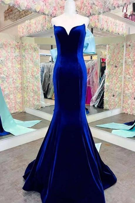 Blue Velvet Strapless Bow-back Mermaid Long Prom Dress
