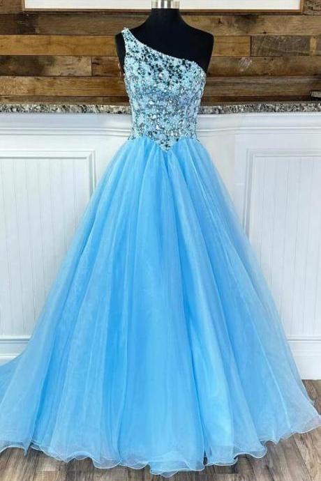 Stunning One-shoulder Blue A-line Long Prom Gown