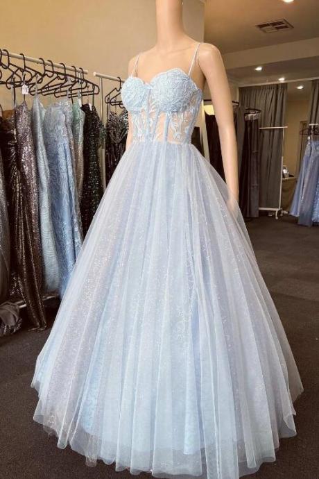 Light Blue Floral Lace Sweetheart A-line Prom Dress
