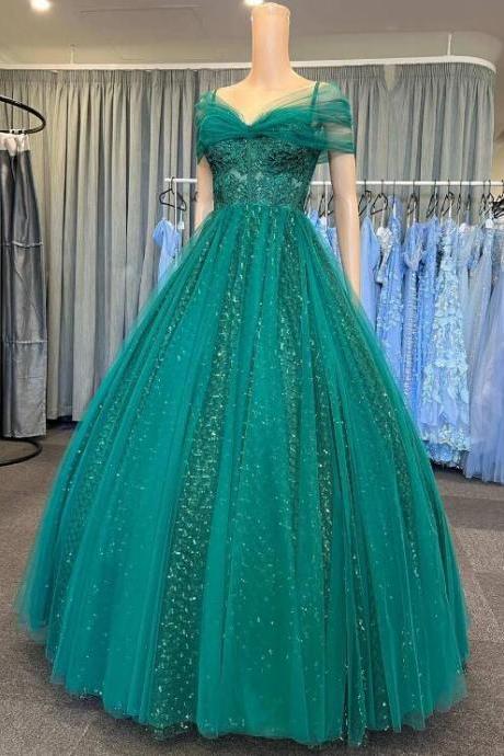 Glitter Emerald Green Tulle Cold-shoulder Ball Gown