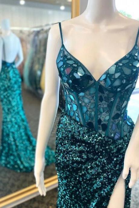 Emerald Green Sequin Cut Glass Mirror Long Prom Dress With Slit