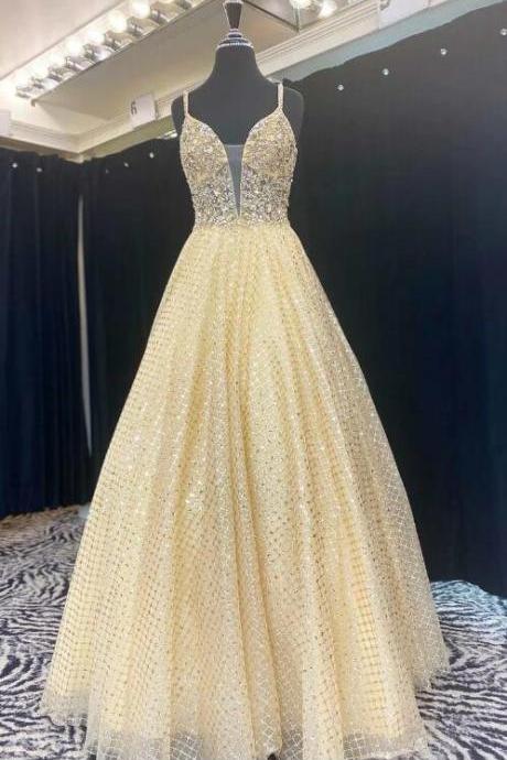 Fairy-tale Yellow Beaded Plunge Neck A-line Prom Gown