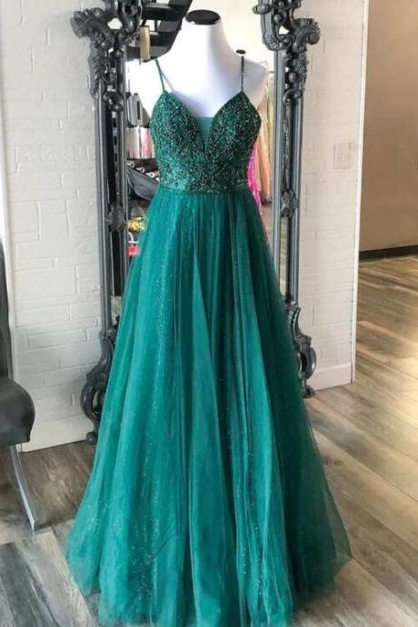 Green Beaded Lace-up A-line Prom Dress