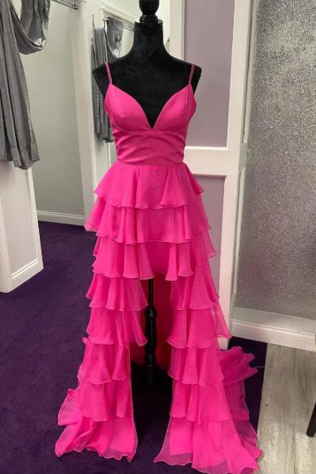 High-low Pink Multi-tiered Long Prom Dress