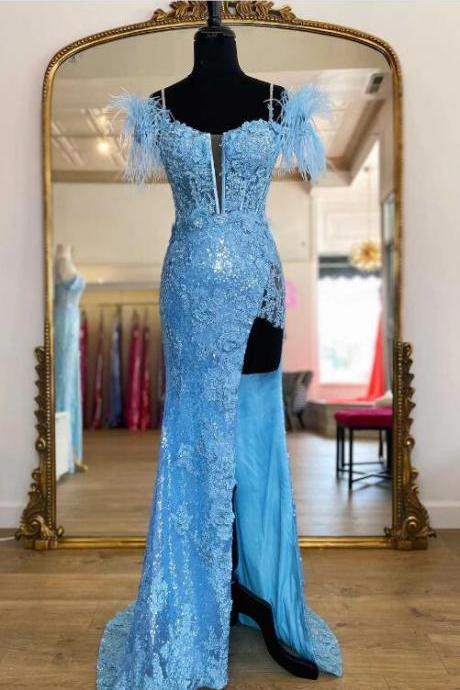 Blue Appliques Cold-shoulder Long Prom Gown With Slit