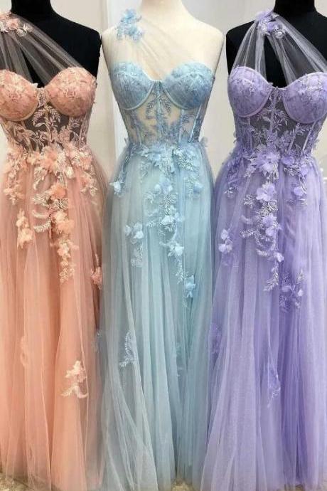 Dreamy Lavender Sheer Mesh One-shoulder Long Prom Gown