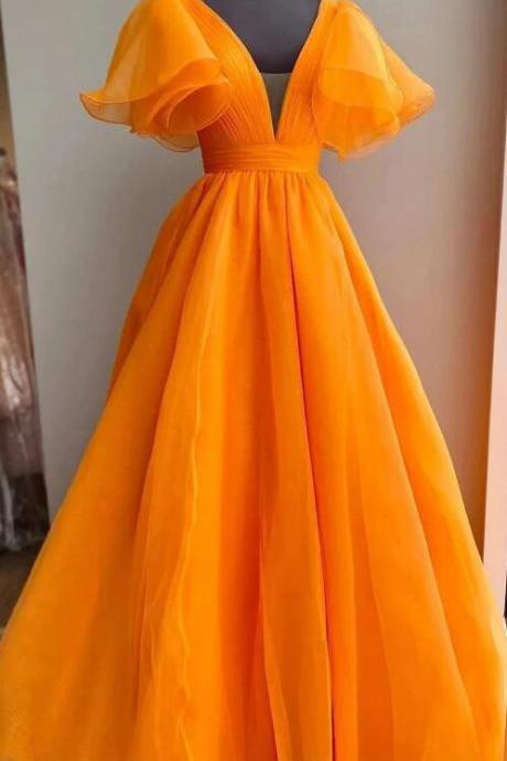 Orange Plunge V Ruffled Sleeve A-line Long Formal Dress