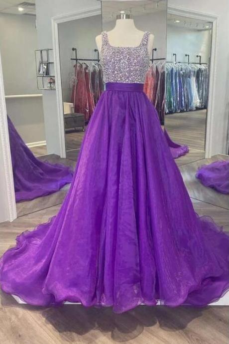 Purple Beaded Square Neck A-line Long Prom Gown