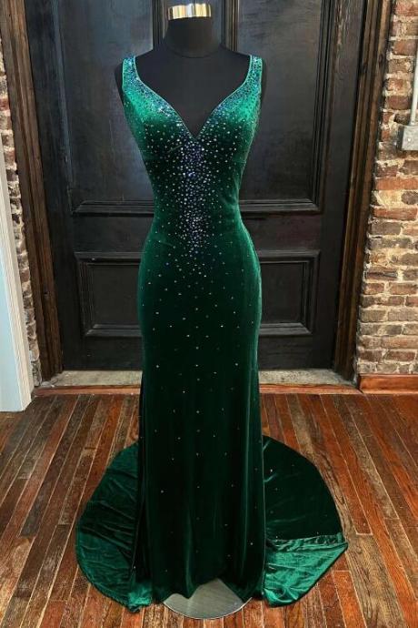 Emerald Velvet V-neck Cutout Back Mermaid Long Formal Dress