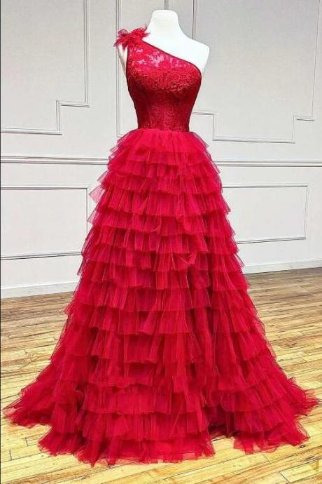 One-shoulder Red Lace A-line Tiered Dress With Ruffles
