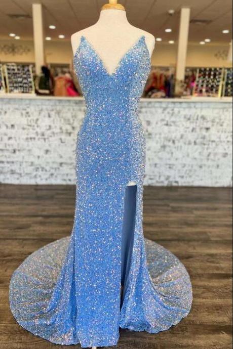Blue Iridescent Sequin Strapless Mermaid Formal Dress With Slit
