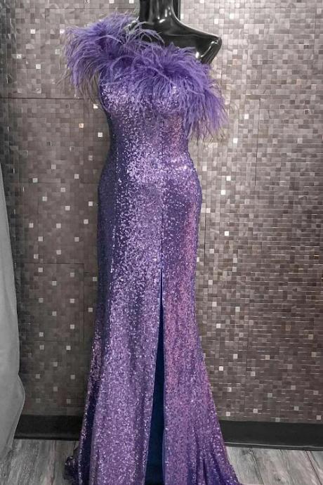 Purple Sequin Feather One-shoulder Prom Dress With Slit
