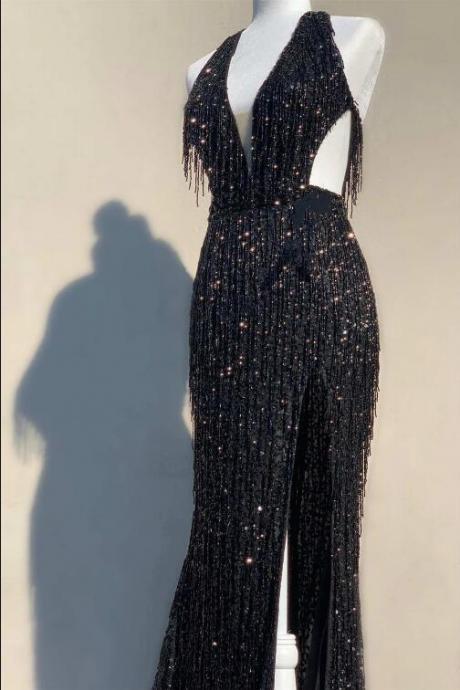 Black Sequin Fringe Halter Long Prom Dress With Slit