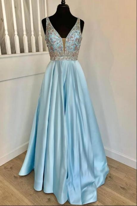 Light Blue A-line Rhinestons Long Formal Gown