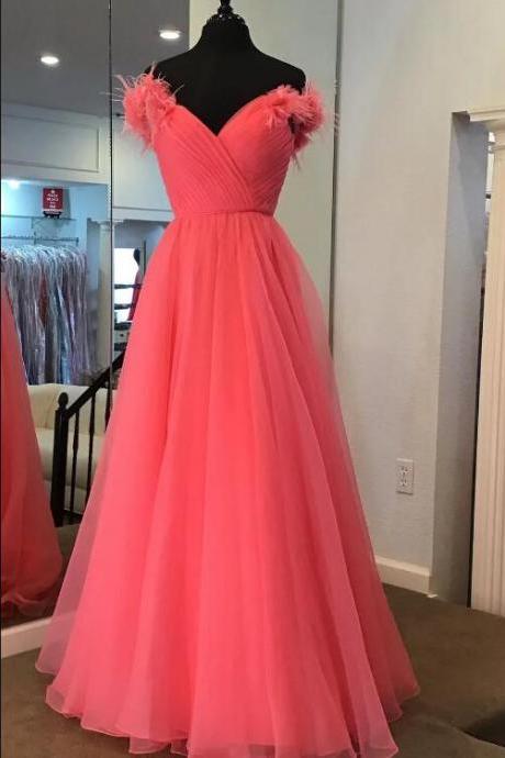 Pink Princess Off-the-shoulder Feather A-line Prom Dress