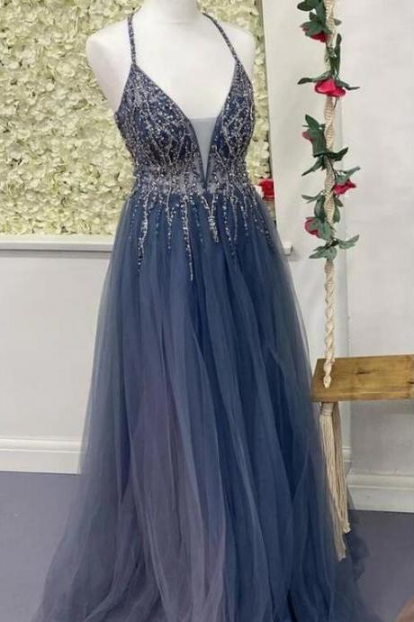 Navy Blue Tulle V-neck Backless Beaded Long Prom Dress