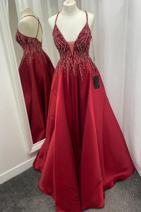 Red Satin Beaded V-neck Backless Long Prom Dress