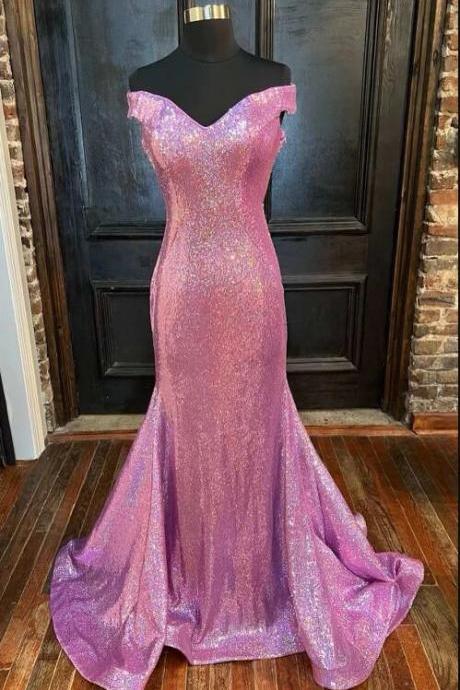 Lilac Sequin Off-the-shoulder Backless Mermaid Long Prom Dress