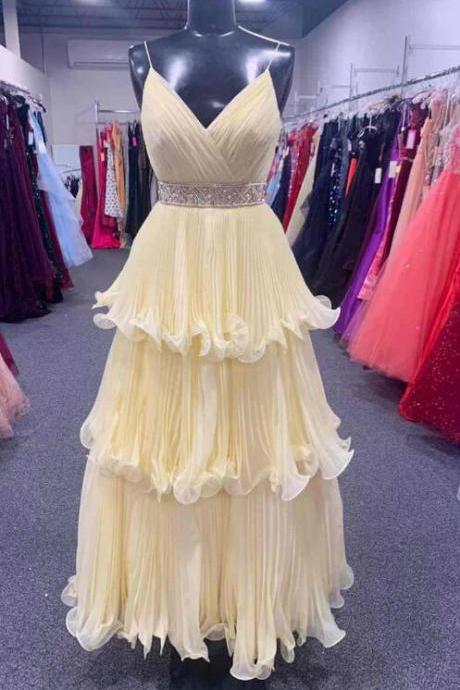 Yellow V-neck Straps A-line Tiered Prom Dress
