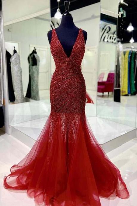 Red Sequin And Tulle Block V-neck Backless Mermaid Long Prom Dress