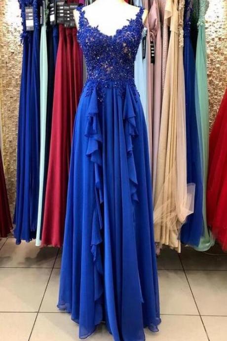 Pleated Royal Blue Appliqués Beaded Ruffled Prom Dress