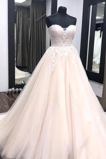 Unique Sweetheart Neck Tulle Lace Applique Long Wedding Dress, Lace Bridal Dress
