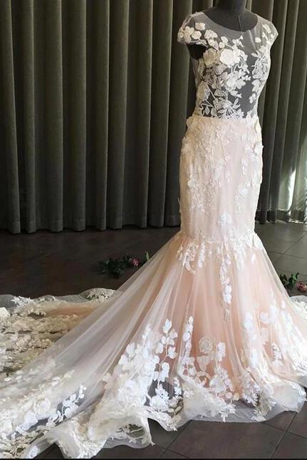 Unique Round Neck Tulle Lace Long Prom Dress, Lace Evening Dress