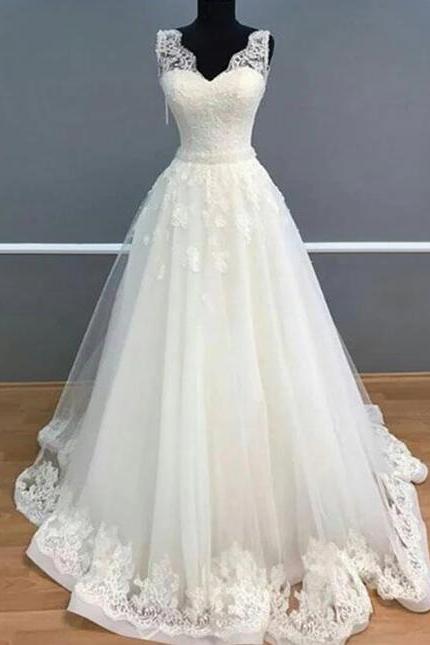 White V Neck Tulle Lace Long Prom Dress, White Tulle Lace Wedding Dress