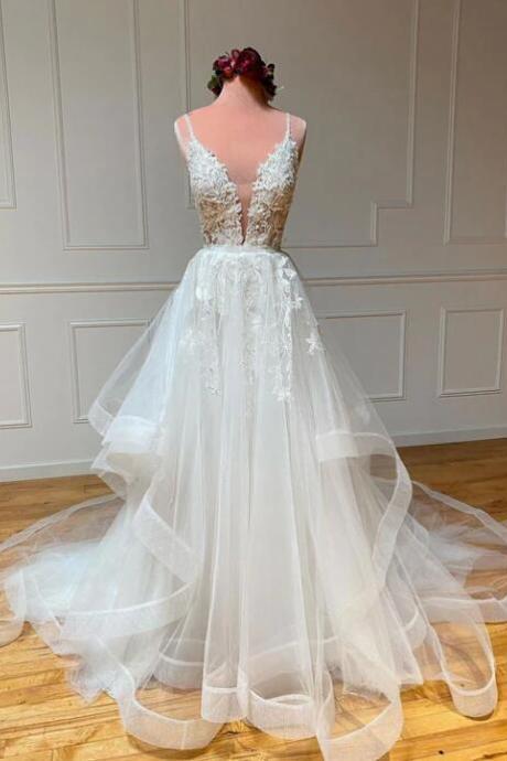 White V Neck Tulle Lace Long Prom Dress, White Lace Formal Dress