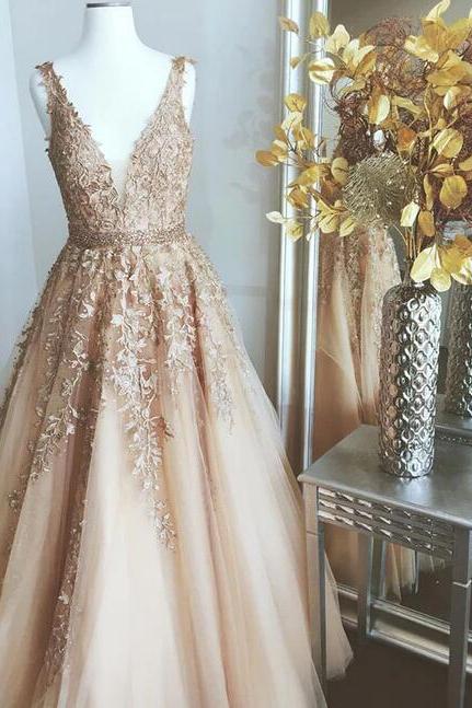 Champagne V Neck Tulle Lace Long Prom Dress, Champagne Evening Dress