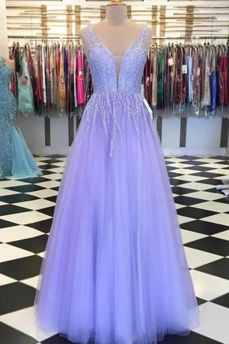 A-line/princess Tulle Ruffles V-neck Sleeveless Floor-length Dresses
