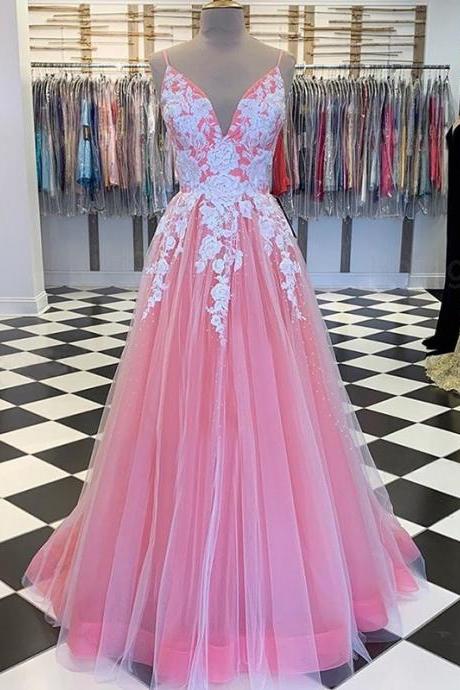 A-line/princess Tulle Applique V-neck Sleeveless Floor-length Dresses