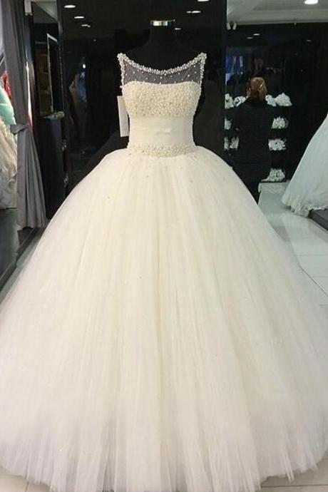 Ball Gown Scoop Beading Tulle Sleeveless Floor-length Wedding Dresses