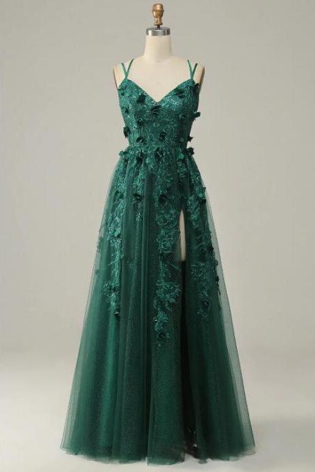 Dark Green A Line Tulle Prom Dress With Slit