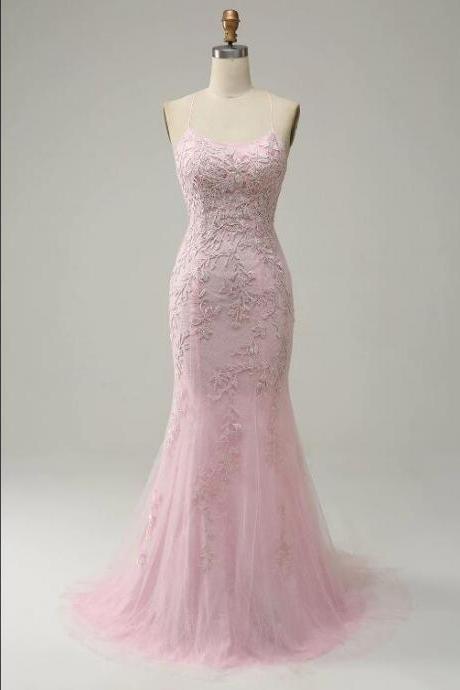 Mermaid Spaghetti Straps Light Pink Long Prom Dress With Appliques