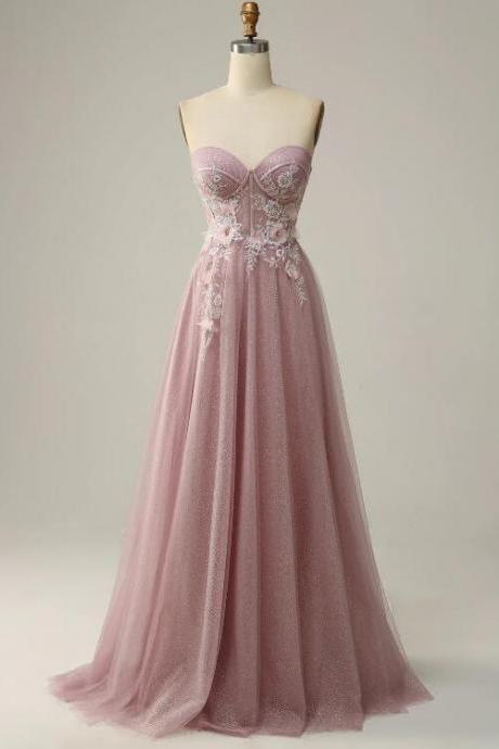 A Line Sweetheart Grey Purple Long Prom Dress With Appliques